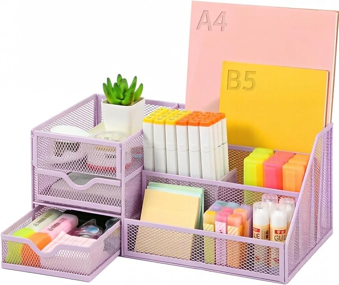 Lavatino Mesh Desk Organizer with 6 Compartments & 2 Drawers, Larger Multi-functional Desktop and Workspace Accessories Organizer for Office, Classroom, Dorm Supplies (Purple)