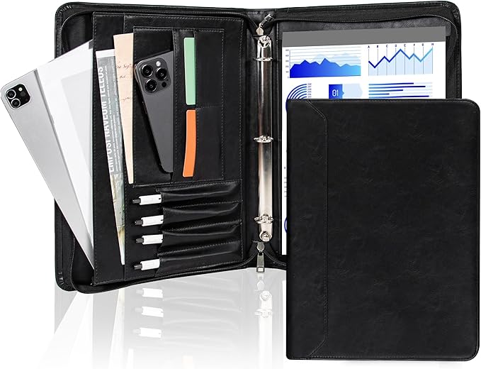 AZXCG Leather Padfolio for Men,Zippered Padfolio with 3 Ring Binder,Business Portfolio Organizer with A4 Writing Pad Holder, Portfolio Binder for Meeting,Business,School,Work