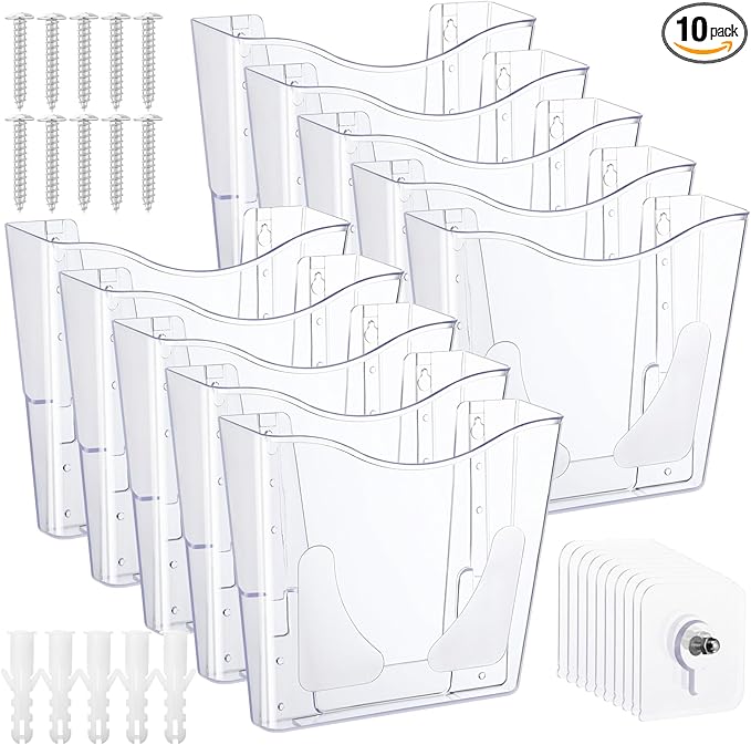 RattanView 10 Pack Acrylic Wall Pocket File Holders Single Pocket Wall Mount File Organizer Hanging Mail Magazines Organizers for Office Home Classroom(Transparent)