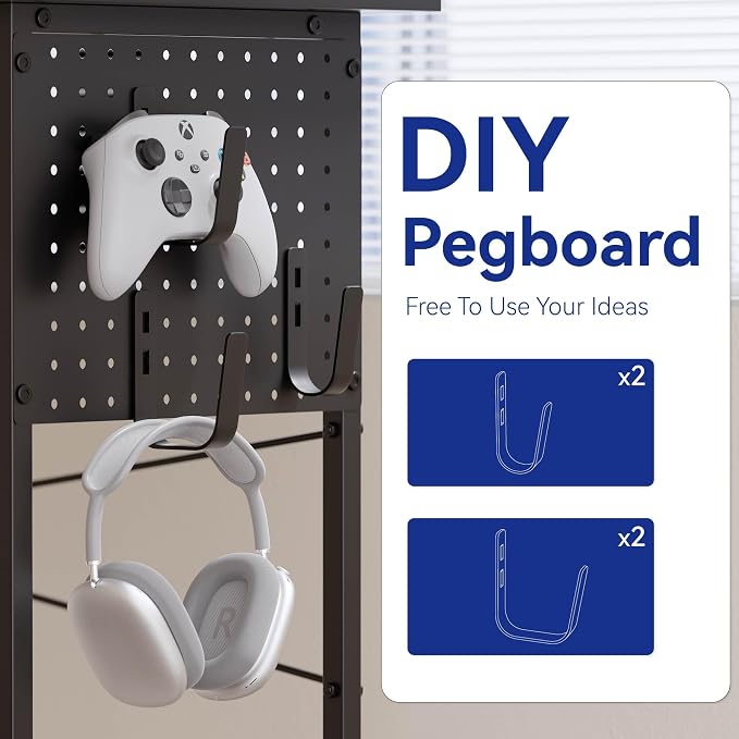 Pamray 64 Inch L Shaped Gaming Desk with Monitor Stand and Power Outlets | Large Corner Computer Desk With Pegboard & Led Lights USB Charging Ports for Home Office Study and Writing Bedroom and Dorms
