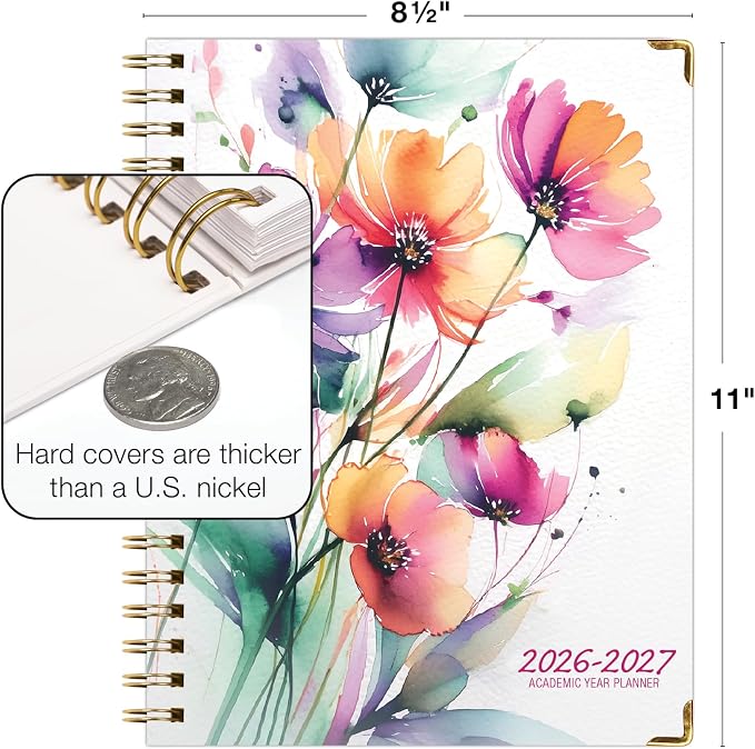 HARDCOVER Academic Year 2026-2027 Planner: 14 Months (May 2026 Through June 2027) 8.5"x 11" Daily Weekly Monthly Planner Yearly Agenda. Bookmark, Pocket Folder and Sticky Note Set (Rainbow Floral)