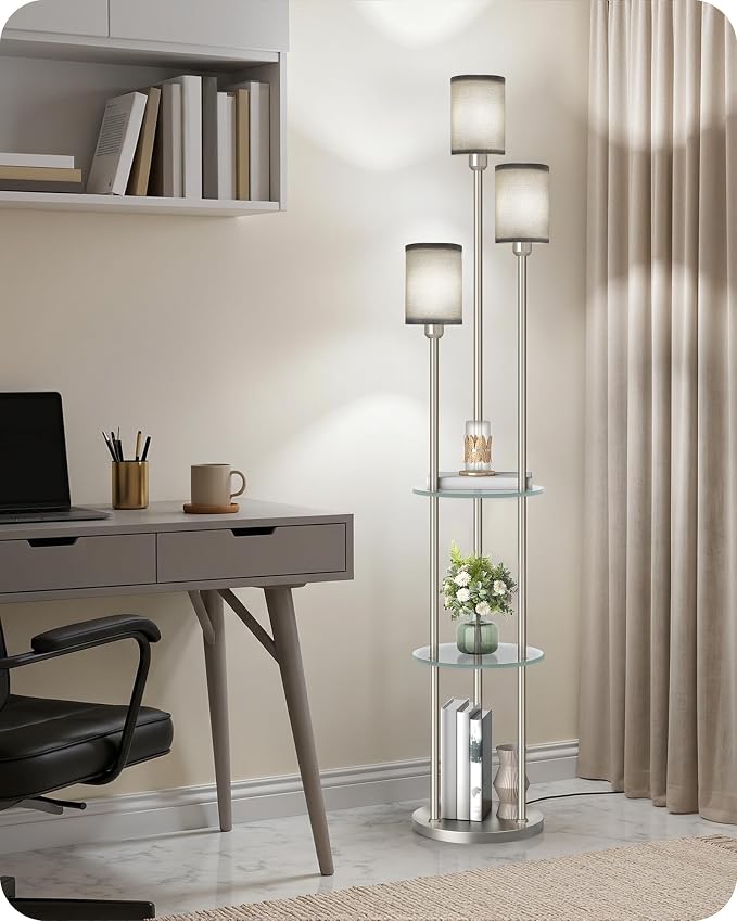 70.9" Floor Lamp with Shelves, for Living Room, 3-Tier Tall Lamp | Modern Shelf Floor Lamp with Foot Switch, 3-Light Standing Lamp, for Bedroom, Study, Office, Silver and Gray HSN53LD05