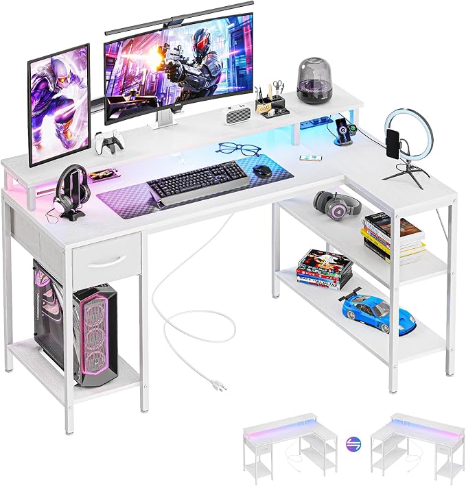 DUMOS 53 Inch Gaming Desk, L Shaped Desk, LED Lights | Monitor Stand, Storage Shelves, Computer Table, USB Charging Ports, Power Outlets, Small Spaces, White