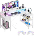 DUMOS 53 Inch Gaming Desk, L Shaped Desk, LED Lights | Monitor Stand, Storage Shelves, Computer Table, USB Charging Ports, Power Outlets, Small Spaces, White