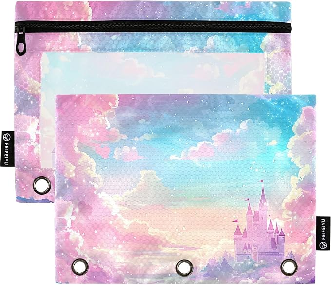 Princess Castle Pink Sky Pencil Pouch for 3 Ring Binder, 2 Pack Waterproof Pencil Bags Clear Window Pencil Case Zipper School Office Supplies