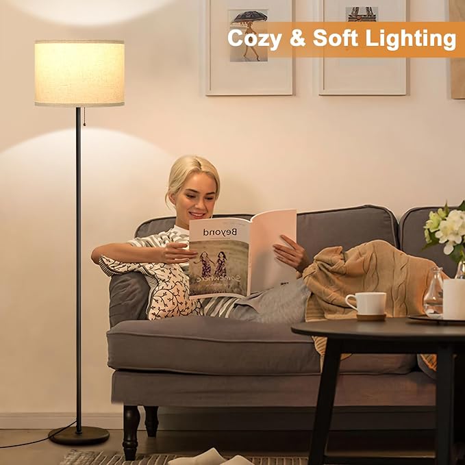 Modern Standing Floor Lamp for Living Room & Bedroom with 3 Color Temperatures Bulb & Pull Chain Switch, 60" Tall with Beige Shade & Black Pole