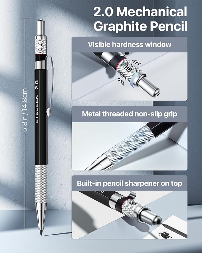 STAGEEK Mechanical Pencil Set with Leather Bag 30 Count, Drawing Pencils 0.5, 0.7, 0.9MM & 3PCS 2MM Sketching Pencils with 464PCS Lead Refills (6B 4B 2B HB 2H 4H Color) for Artist Drafting Drawing