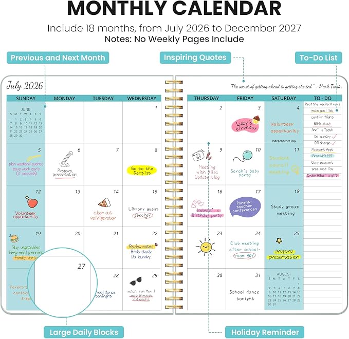 Monthly Planner 2026-2027, 18 Months Calendar, Jul 2026-Dec 2027