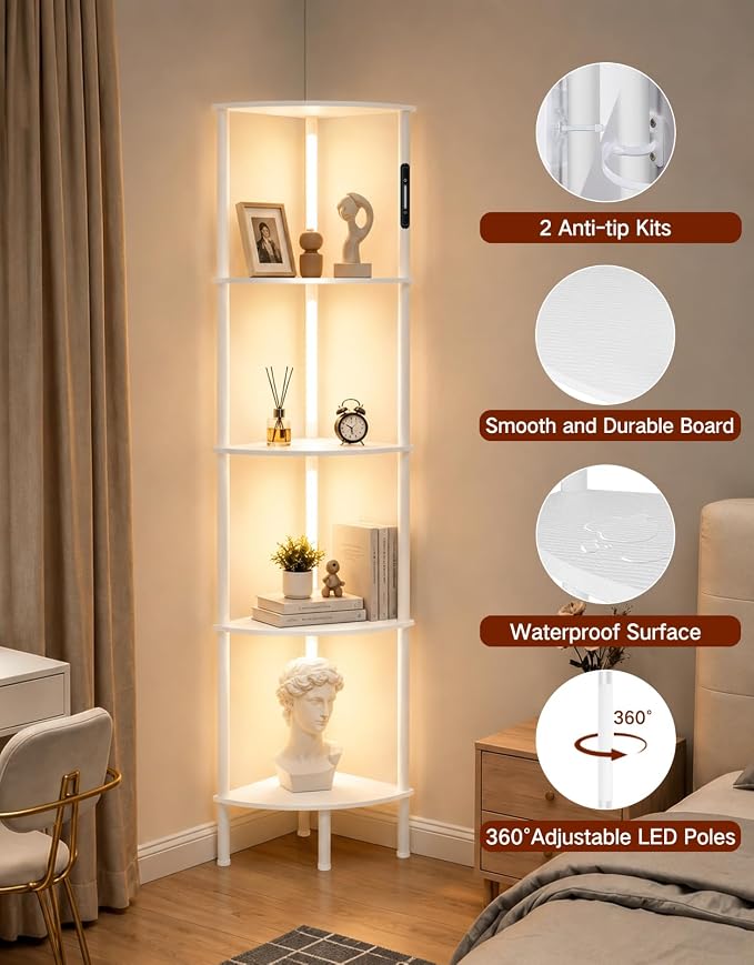 5-Tier Corner Bookshelf with LED Lights, Touch & Remote Control, 3 Color Temperatures, Dimmable Narrow Display Shelf with 1-Hour Timer for Living Room, Bedroom, Office(White)
