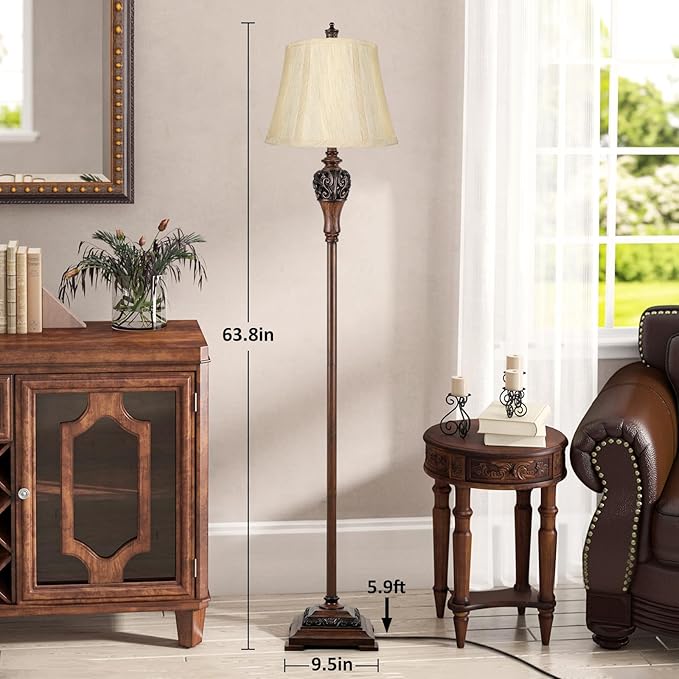 Vintage Floor Lamp for Living Room, Traditional Tall Standing Lamp | Eye-caring Fabric Shade, Stable Antique Base, Farmhouse Rustic Design, Bright Floor Lighting