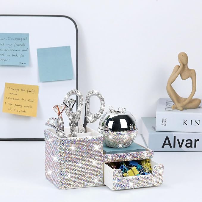 MultiBey Bling Silver Rhinestone Desk Accessories Set, 4 Pcs | Crystal Office Stationery Kit with Drawer Organizer, Paper Clip Holder, Scissors & Diamond Pen Desktop Decor & Gift for Women