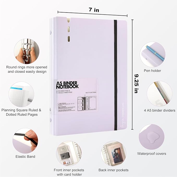 CAGIE 2 Pack A5 Binder 6 Ring Refillable Notebook, Dividers & Pockets | Daily Planning Square Ruled and Dotted Pages, 6.89 x 9.25 In, Refill Paper Included (Purple & Blue, A5 Daily & Dot Page)