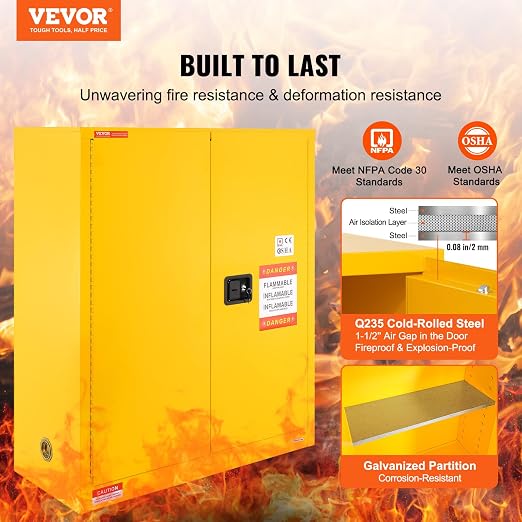 VEVOR Flammable Cabinet 18" x 43" x 50", Cold-Rolled Steel Flammable Liquid Storage Cabinet 34 Gal with 2 Adjustable Shelves/2 Manual Closing Doors for Industrial Use, Yellow | For Industrial Use, Cold-Rolled Steel, 34 Gal, with 2 Adjustable Shelves, 2...