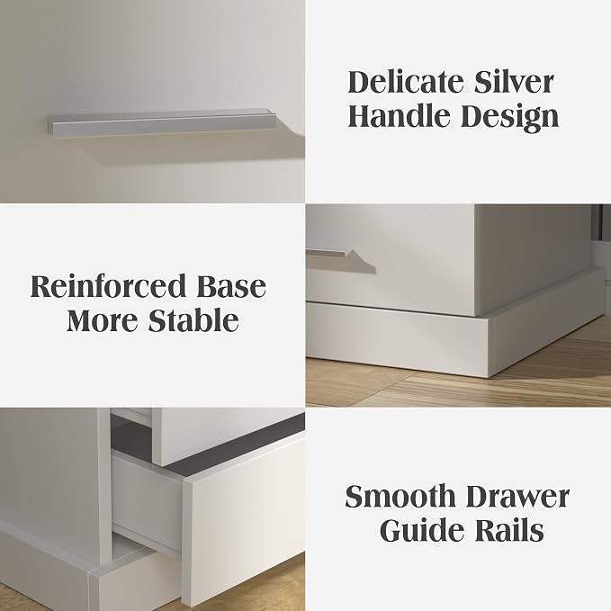 Halitaa Nightstand with Charging Station, LED Lights Side Table with 3 Drawers, End Table for Bedroom Ofiice White 2 Set