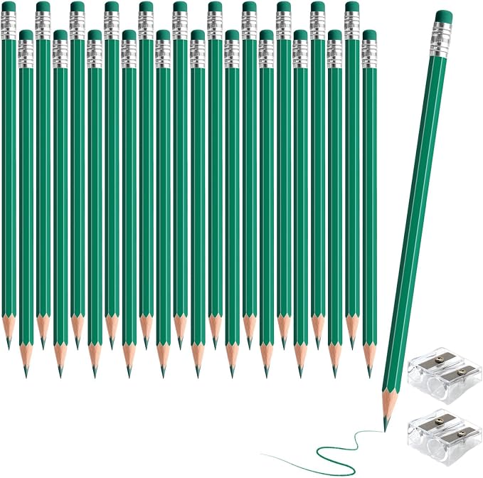 24PCS Erasable Colored Pencils with Eraser Pre Sharpened Pencil 2 HB - Ideal for Checking, Grading, Tests & Office/School Supplies (Green)
