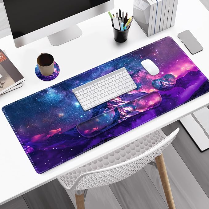 Large Gaming Mouse Pad Set, Purple 4 in1 Ergonomics Keyboard Desk Mat with Memory Foam Wrist Rest, Extended Game Mousepad, Non-Slip Desk Pad Matt Easy Typing Pain Relief I Galaxy Mountain