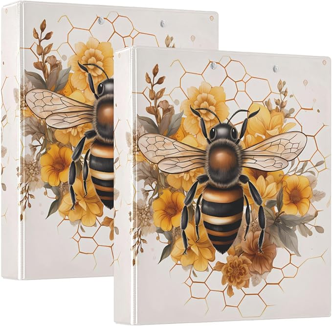 3 Ring Binder, Sunflower Honeycomb Bee File Folder Holds 200 Sheets File Storage for Women Men School Office Supplie