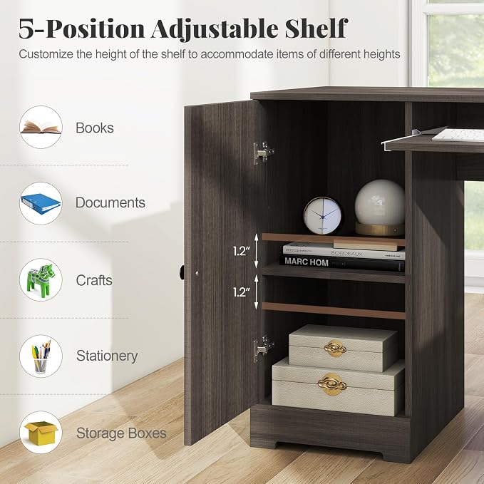 Giantex 66" L-Shaped Desk with Storage Drawers & Charging Station, Spacious Corner Computer Desk with Keyboard Tray, Adjustable Shelf, Cabinet, Huge Workspace Home Office Study Writing Desk (Grey Oak)