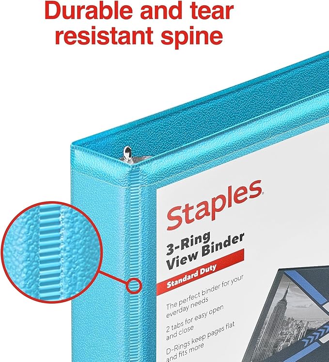 Staples Standard 0.5-Inch D-Ring View Binder, Holds Up to 100 Sheets, Teal, Slim Binder for Office, School & Home