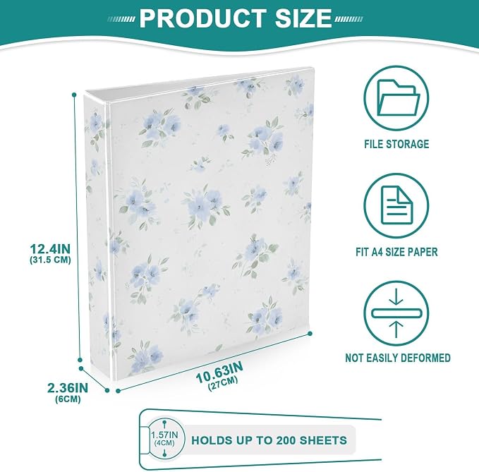 3 Ring Binders Blue Flowers Floral 1.5 Inch Round Ring Binders with Pockets Decorative Clipboard Binder Holds 200 Sheets View Binder for Home School Office,1 Pack