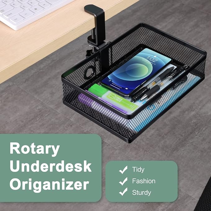 ROSYLINE Under Desk Storage Basket Hanging Drawer Tray, Clamp On Organizer | hickened C-Clamp, High Load No Deformation Sag-Proof, Steel Construction, Clip-On No Drill Mount, Office & Household Storage