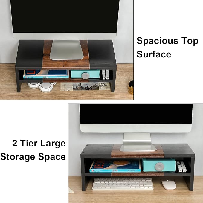 TEAMIX 20 inch Monitor Riser Stand - 2 Tiers, Wood Morden Desktop Bookshelf | Laptop/PC/Printer/Keyboard Storage, Ergonomic Design, 15mm thick Sturdy Wood Boards, TV Stand, Home Office Desk Accessories