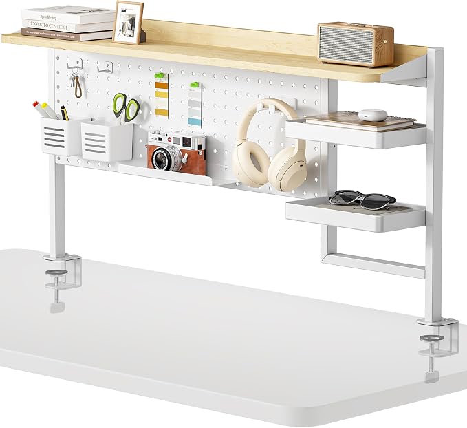 Clamp on Desk Shelf, 44" Desktop Shelving System, White | with Pegboard and Accessories, Desktop Organizer with 2-Tier Shelf, Desk Pegboard for Gaming Office