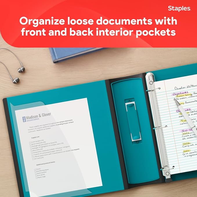 Staples Better Binder, 2-Inch D-Ring View, Teal, Holds 540 Sheets | Reinforced spine for durable everyday use in office and school settings.