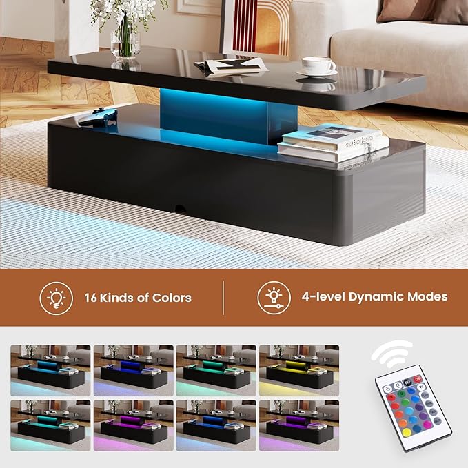 40" Modern LED Coffee Table, 2 Tier Rectangular Center Table with 16 Colors Lights & Large Storage Space, High Glossy Wooden Tea Table for Living Room, Bedroom, Home Office, Black
