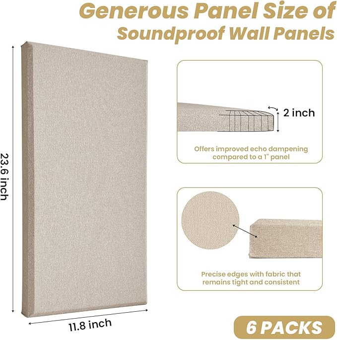6 PCS Acoustic Panels, Large Soundproof Wall Panels, Professional Fiberglass Sound Absorbing Panels, 23.6x11.8 Inches Sound Proof Foam Panels for Walls, Studio Home Offices