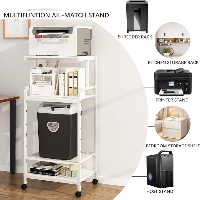 Arbuxzuy 4-Tier Printer Stand with Storage Shelf, Mobile Printer Table for Home Office, Adjustable Stand for Printer, Scanner, Fax (White)