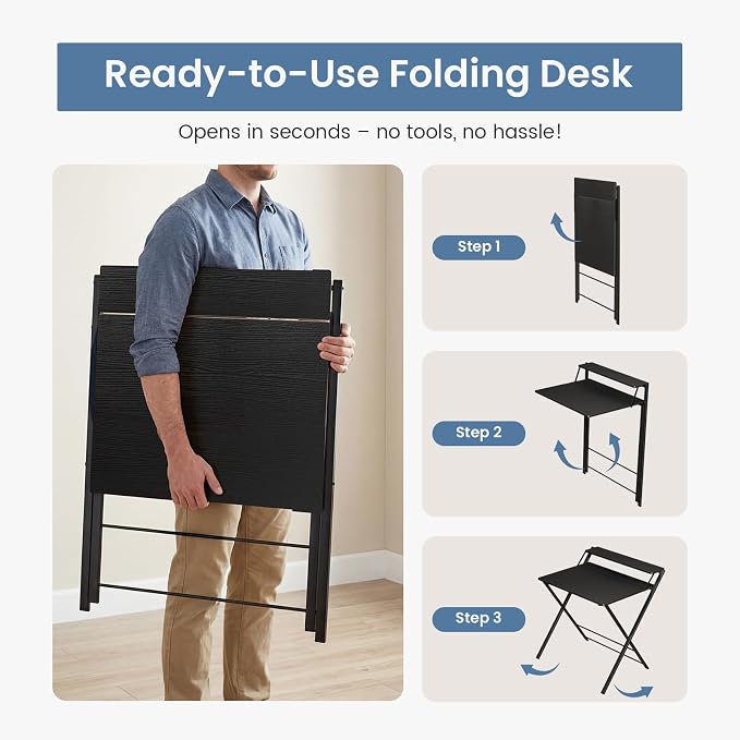DUMOS Folding Desk No Assembly, Small Computer Desk with Shelf for Dorm | Portable Foldable Table for Laptop, Space Saving Desk for Home Office, Tight Spaces Apartment, Ink