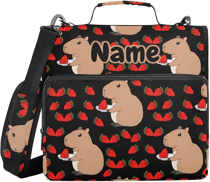 Custom Capybara Strawberry Black 3 Ring Binder Bag 1.5 inch Personalized Name Binder Organizer 500 Sheet Documents Storage for School Office