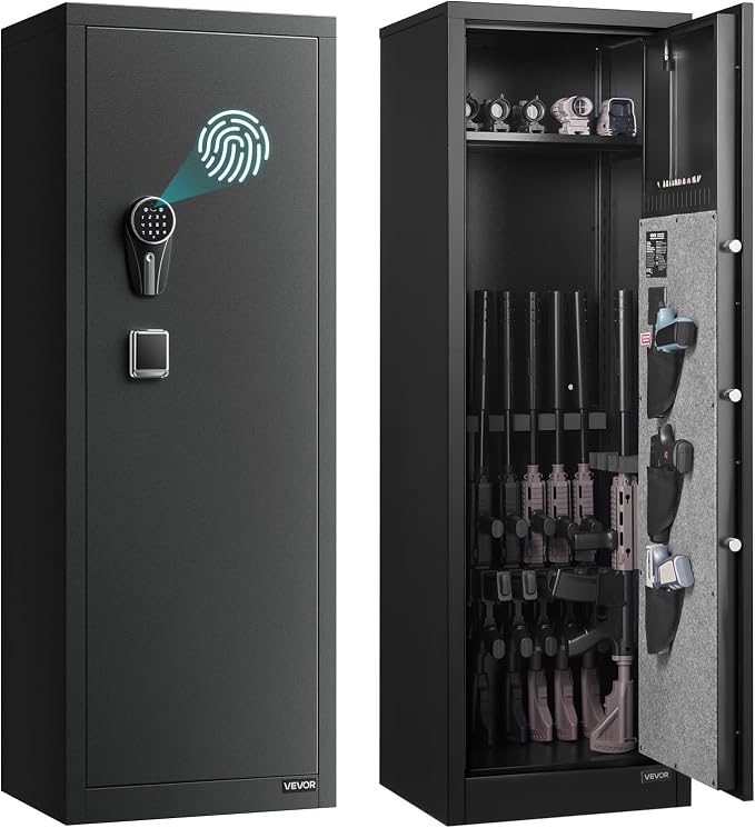 VEVOR 8-10 Gun Safe, Long Gun Cabinet for Rifles and Pistols, Quick Access Rifle Safe with 3 Pistol Pockets and Adjustable Racks, Digital Cabinet with Fingerprint and Password Lock(Assembly Required)
