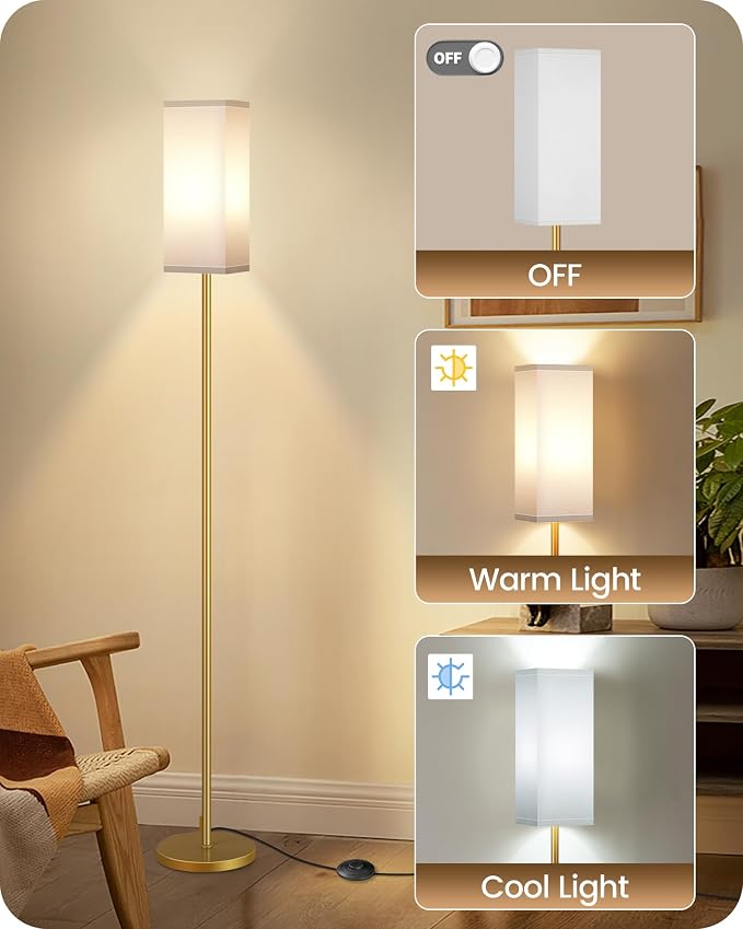 2Pack Floor Lamp, Pole Lamp with Foot Switch, Modern Standing Lampshade, Minimalist Freestanding Lamp (Bulb Not Included)for Living Room, Bedroom,Study, ETL Listed,Gold and White DCW07LDP205