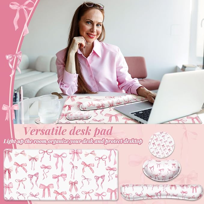 Relaxweex 4 Pcs Pink Bow Mouse Pad Keyboard Mat Set Wrist Rest | Coquette Desk Mat, Bowknot Mouse Pad, Cute Keyboard Wrist Rest, Preppy Cup Coasters, Office Computer Accessories