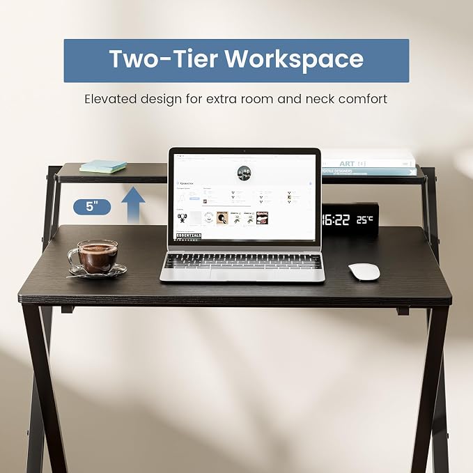 DUMOS Folding Desk No Assembly, Small Computer Desk with Shelf for Dorm | Portable Foldable Table for Laptop, Space Saving Desk for Home Office, Tight Spaces Apartment, Ink