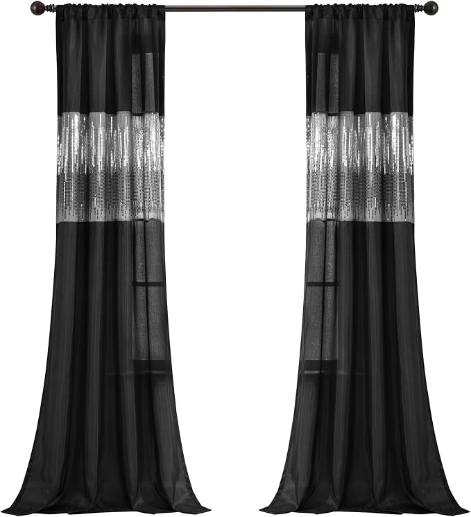 Lush Decor Night Sky Window Curtain Panel, Single 42"W x 84"L Black - Sequin Backdrop Curtain - Room Darkening Curtains For Bedroom - Glam Decor