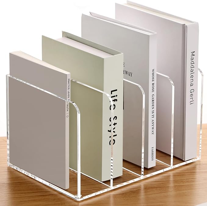 YUXUN Clear Acrylic Magazine File Holder, 4 Compartment Desk Organizer | Desk Organizer for Documents, Tablets, Magazines, Books & Accessories, Ideal for Office, Home & Classroom