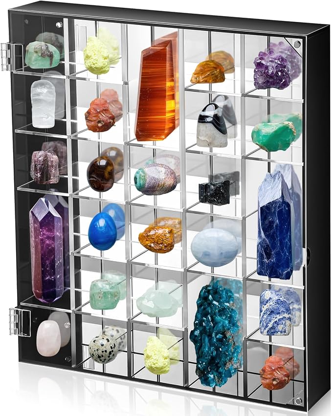 Cinnvoice Rock Display Case 30 Grids, Black Border, Square | Adjustable Acrylic Display Case, Crystal Organizer for Collectible, with Built-in Mirrored, Magnetic Door, Wall Mount