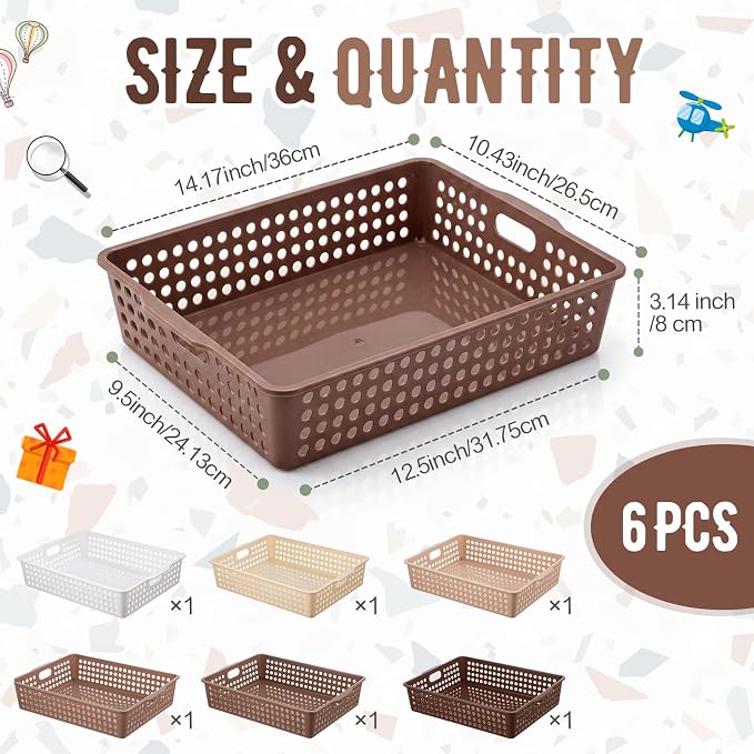Geetery 6 Pack Classroom Storage Baskets with Handle,Gradient Brown | 14''x10'' Paper Tray Holds A4 Turn in Trays Plastic Paper Baskets Desk Organizer Bin for Classroom, Library, Office, Home
