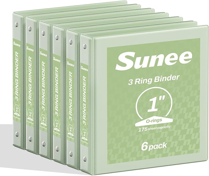 SUNEE 1 Inch Binders 3 Ring 6 Pack, Clear View Three Ring Binder PVC-Free (Fit 8.5x11 Inches) for School or Office Supplies, Sage Green