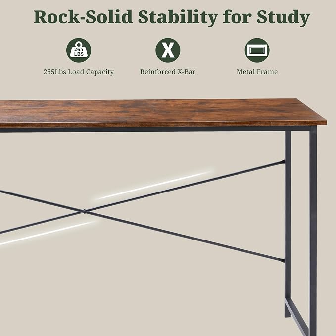 55 Inch Computer Desk, Writing Desk for Home Office Study Workspace | 265 lb Capacity, Reinforced X-Frame, Waterproof MDF Top, Scratch-Resistant Surface, Easy Assembly, Brown