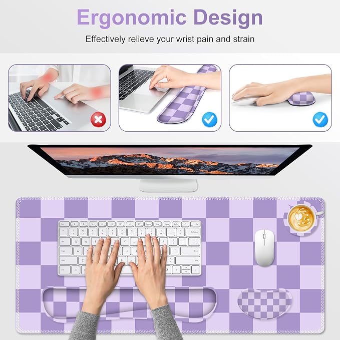 Large Gaming Mouse Pad Set, 4 in1 Ergonomics Keyboard Desk Mat with Memory Foam Wrist Rest, Extended Game Mousepad, Non-Slip Desk Pad Matt Easy Typing Pain Relief I Light Purple Checkered