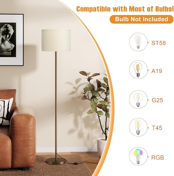 60'' Modern Floor Lamp with Shade, Tall Lamps for Living Room, Bedroom, Office, Dining Room, Beige Shade with Brown Pole(Without Bulb)