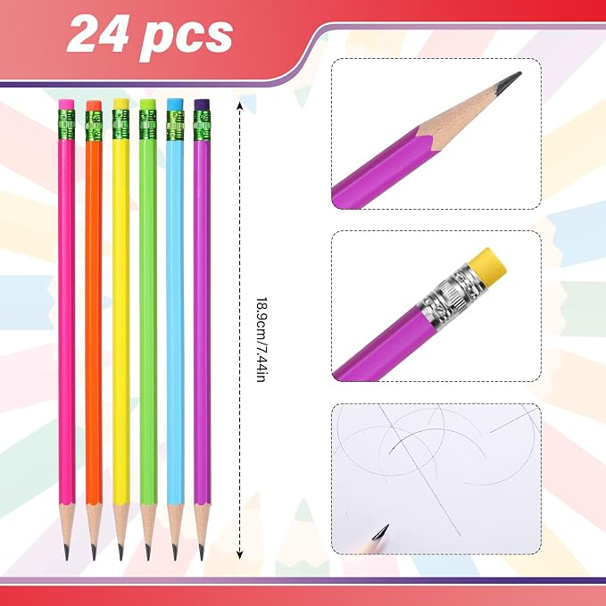 Gersoniel 24 Pack Rainbow No. 2 Pencils, HB Wooden Bulk with 48 Eraser Caps