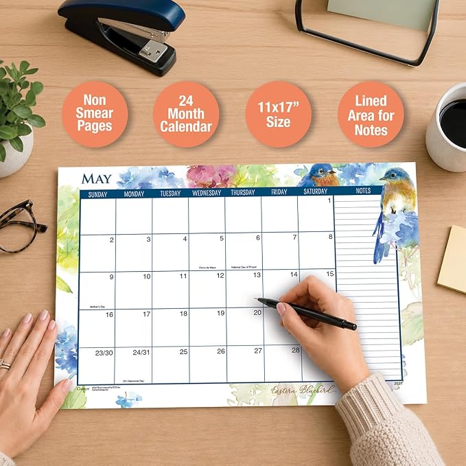 Current 2027-2028 Desk Calendar Pad | Year of Birds, 11” x 16.25”, Large, 2024-Month, 12 page Designs, Self-Stick Magnet Strips
