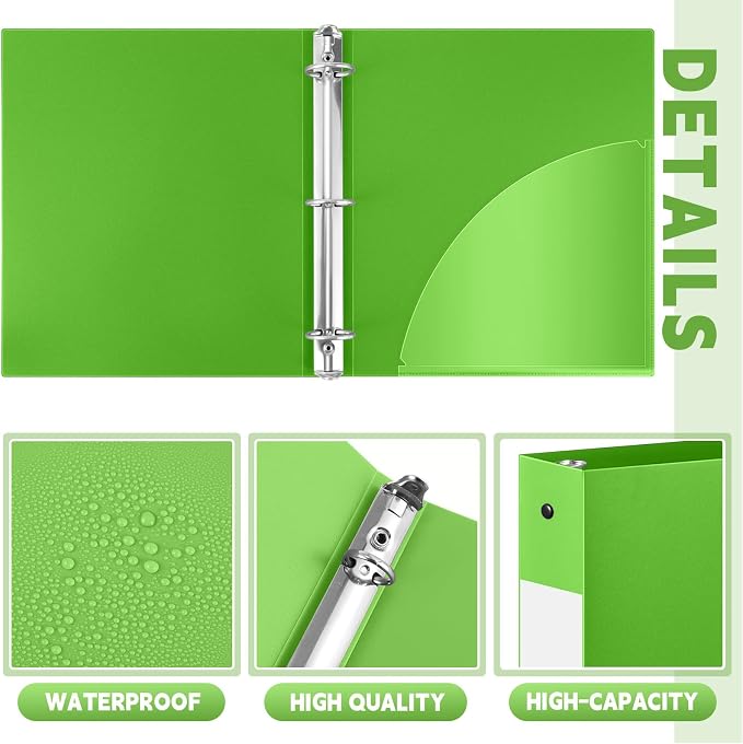 Henoyso 12 Pcs 1.5 Inch 3 Ring Binders, Letter Size,Lime Green | Binders Bulk, Holds 350 Sheets, Round Rings, Durable Flexible PP Plastic Covers, Pockets Labels, School Office Supplies