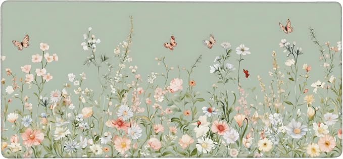 Cute Floral Aesthetic Wildflower Gaming Mouse Pad, Sky Blue Macaron Desk Mat with Anti-Slip Base & Stitched Edges, Computer Keyboard & Laptop Pad, 35.4" x 15.7" in in Workstation Accessories