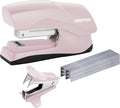 Bostitch Heavy Duty Stapler Value Pack, 40 Sheet Capacity, Pink | Half-strip, flat-clinch design opens fully for tacking bulletin boards; includes a staple remover and 1250 staples.